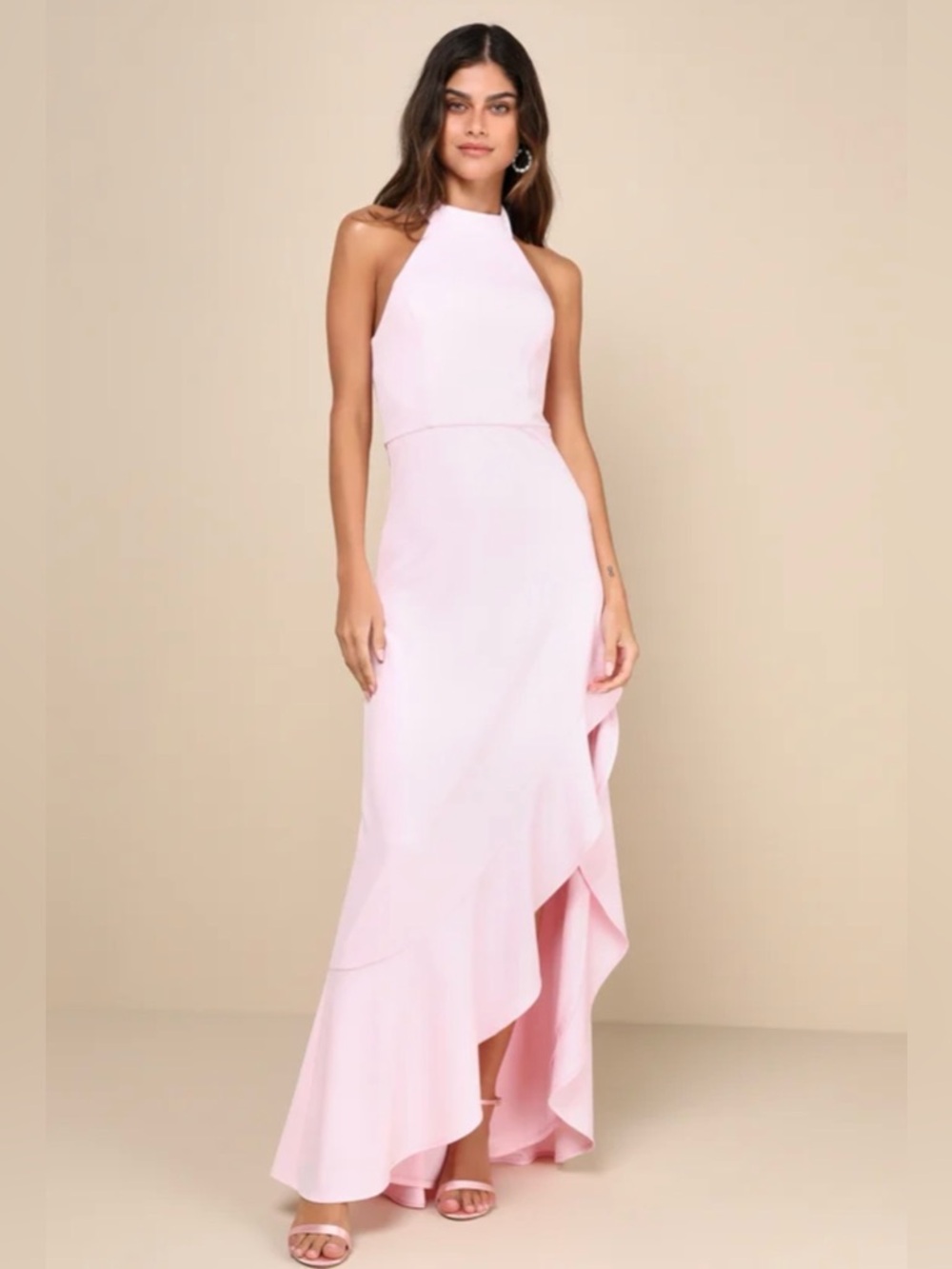 Lulus Majestic Perfection Light Pink Ruffled Halter Maxi Dress S NWT